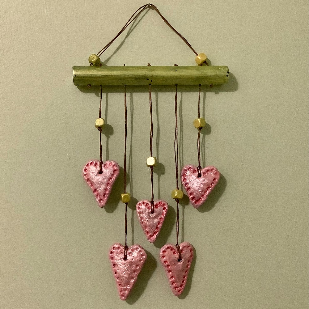 Hanging hearts clay and wood